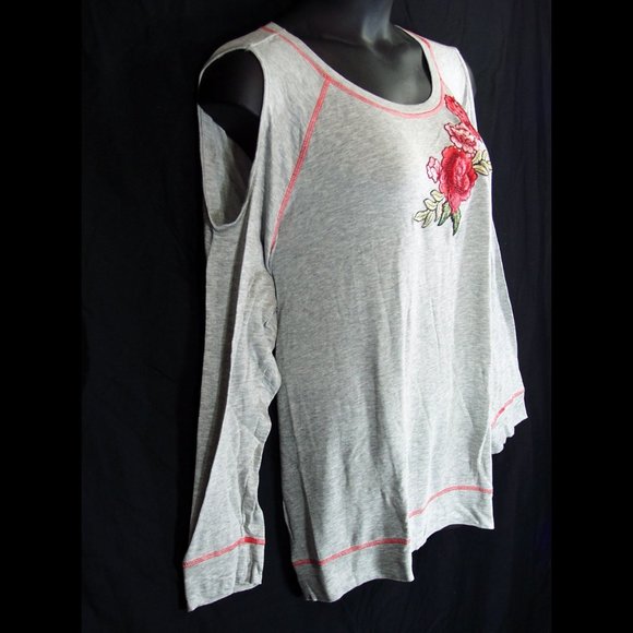 NEW Bobeau 3X Top Rose Applique Cold Shoulder Long Sleeves Heather Gray NWT - Picture 6 of 13